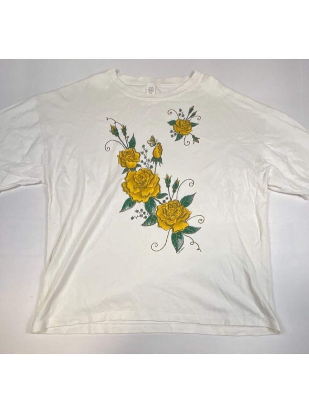 Vintage Air Waves Yellow Roses Glitter Graphic T-Shirt L/XL White Made in USA